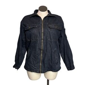 Mens Dark Wash Denim Work Jacket Flannel Lined Zip Front Chest Pockets